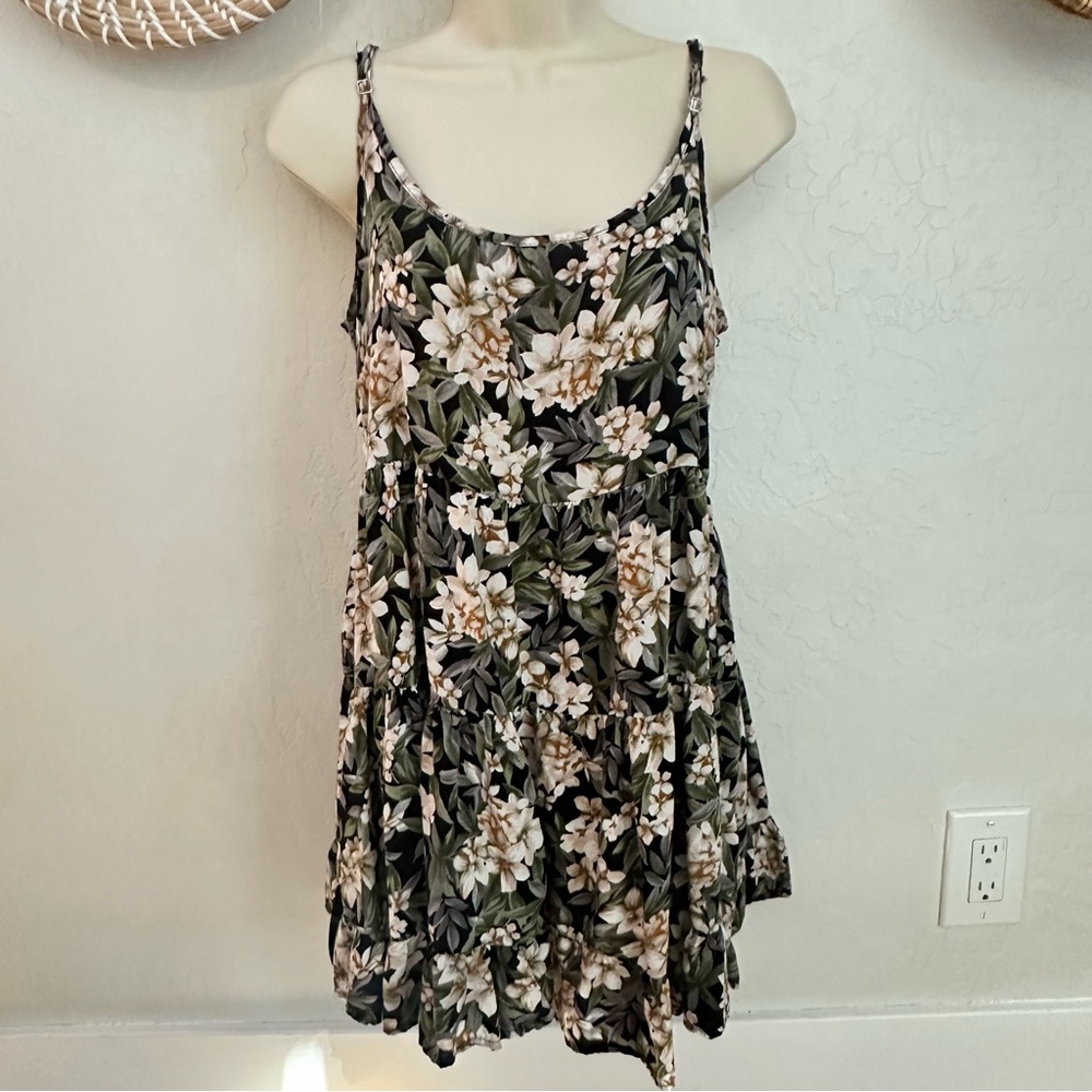 Brandy Melville Black Floral Spaghetti Strap Tiered Mini Dress Tunic. One Size